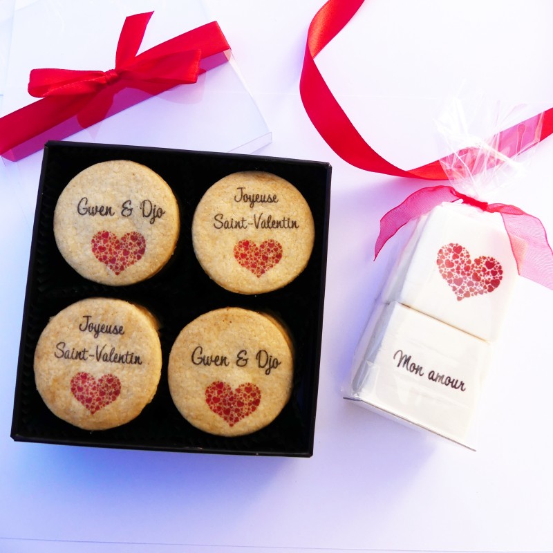 Cadeau St-Valentin- Coffret biscuits guimauves personnalisés