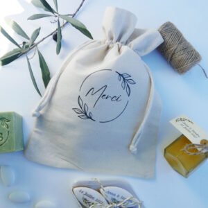 sac pochon en coton ecru remerciement mariage baptême